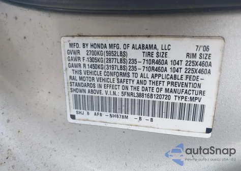 2006 Honda Odyssey Touring из США, поврежденный, VIN 5FNRL38816B120720